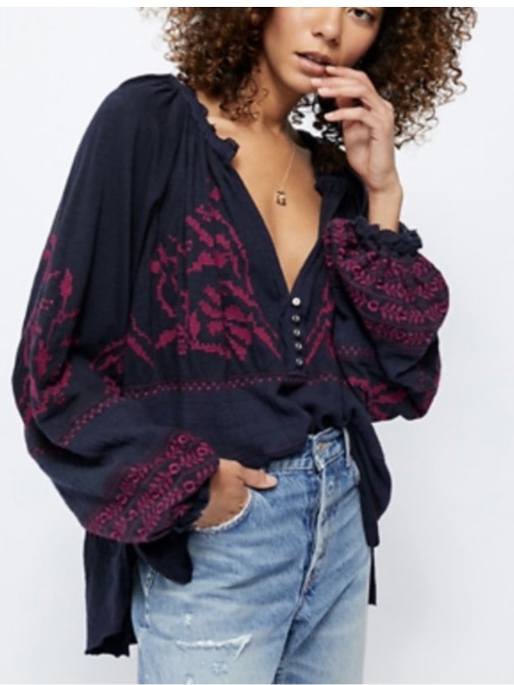 Free People persuasion oversized Boho Embroidered Peasant Top XS - Picture 3 of 13